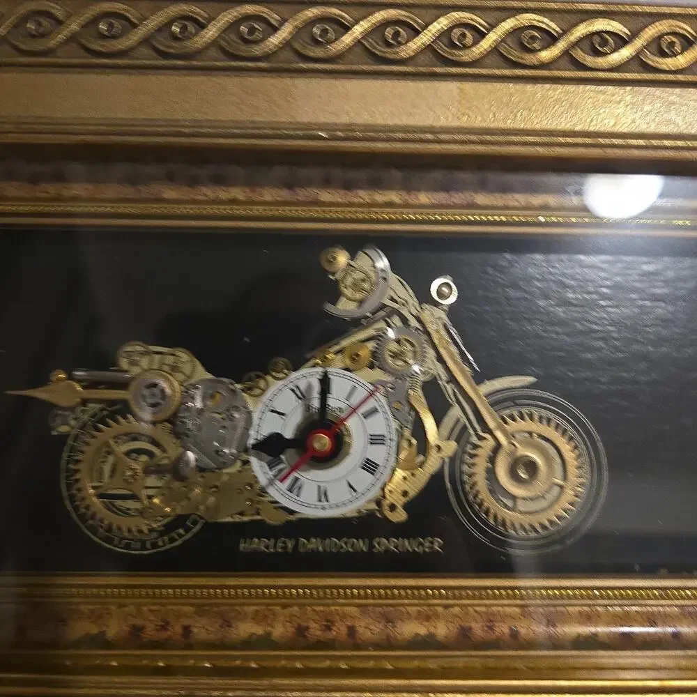 Harley Davidson Springer made of clockworks plaque with working clock Framed 9x6